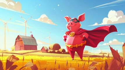 Modern cartoon illustration of a pig superhero with a cape and mask standing on a farm field with hay bales, a barn, wind turbines and a cute piggy character.
