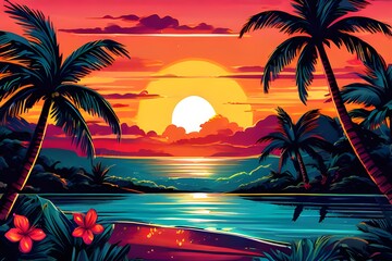 Fototapeta na wymiar A tropical beach scene with palm trees and a sunset in the background