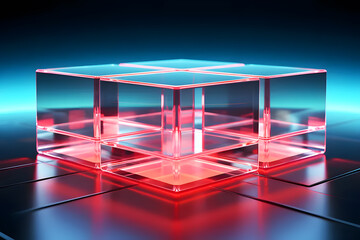 Holographic of digital multi colored podium square shape on red blurred background. Podium stage for text design and products, white stage with sunlight and shadow, table background.