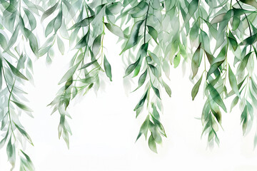 watercolor painting of weeping willow leaves in green shades on white with space for text. - obrazy, fototapety, plakaty