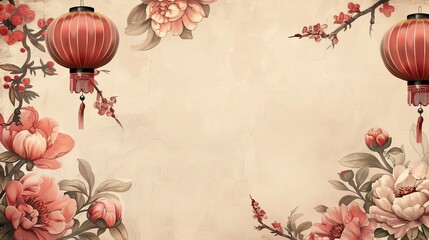 With a beige background featuring peonies and lanterns - obrazy, fototapety, plakaty