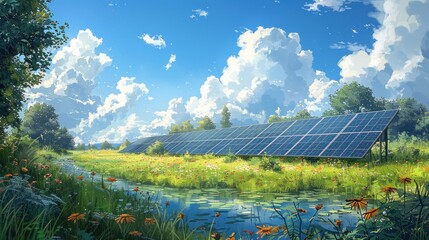 Fototapeta premium Explore the world of watercolor mastery as it brings to life engineers installing solar panels with intricate detail.