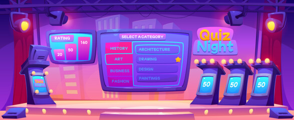 Quiz tv show stage with contest participants and presenter platforms, screen with challenges and ratings, spotlights. Cartoon vector illustration of studio room interior with stage for trivia game.