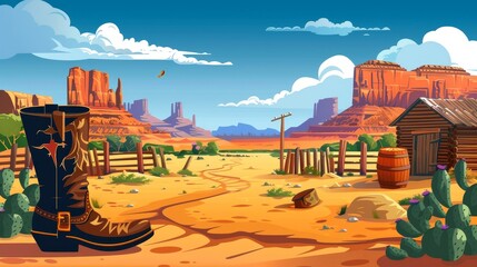 Modern illustration of cowboy boots with spur on an American ranch. Wild west landscape with wooden fence and someone hiding behind a barrel of wood.