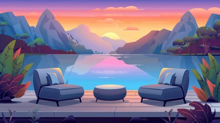 At sunset, a terraced mountain lake view from a villa or hotel patio with a sofa, ottoman, table stand on a wooden platform with a natural backdrop. Cartoon modern illustration.
