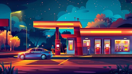 Driver at night at a car refueling station, gasoline filling service. Man sitting in his car near the building facade of a petrol station, fuel selling for urban vehicles, gasoline refill. Cartoon - obrazy, fototapety, plakaty