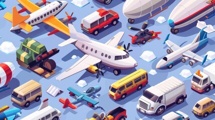 This modern banner features an isometric illustration of propeller planes, mini autos, airships, and vans.
