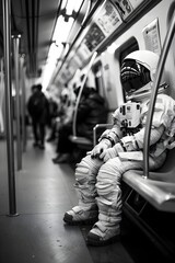 Obraz premium Astronaut Commuting Silently in the Deserted Subway Car