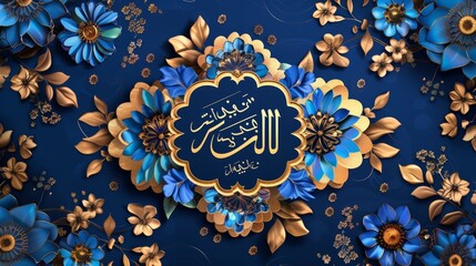 Obraz premium This elegant arabesque design has a blue and gold color scheme, Eid Mubarak arabic calligraphy means a happy holiday.