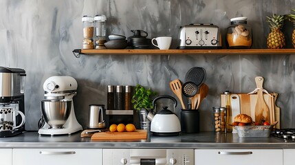 Various type of kitchen appliances on worktop in kitchen