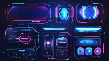 The futuristic frames consist of black metal borders for the avatar in the game interface along with the level or grade. Modern cartoon set of game components in sci fi style. - obrazy, fototapety, plakaty