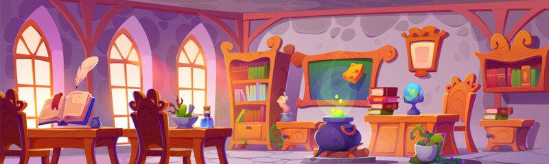 Magic wizard school classroom interior. Cartoon medieval schoolhouse inside with fantasy elements - witch cauldron, wooden table and chair with book and potion ingredients, cabinet with literature. - obrazy, fototapety, plakaty