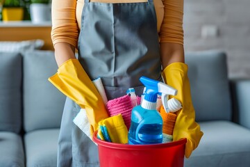 Woman Holding Bucket with Cleaning Supplies and Wearing Rubber Gloves in Blurred Domestic Interior