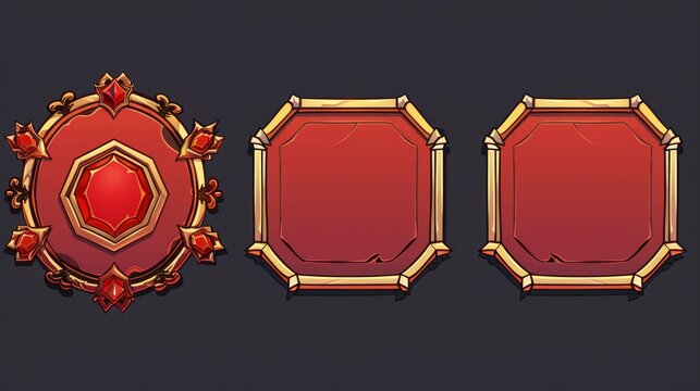 A set of modern illustrations of UI game frames with ornate rims and laurel wreaths, red textured rounds, squares, and hexagons.