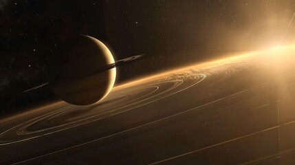 Voyager orbits saturn and its moon at dawn passing through the rings of saturn