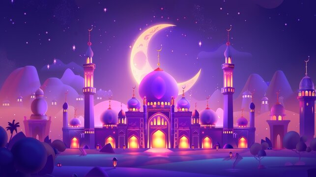 The Ramadan Mubarak calligraphy depicts a colorful mosque and giant moon on a purple background.
