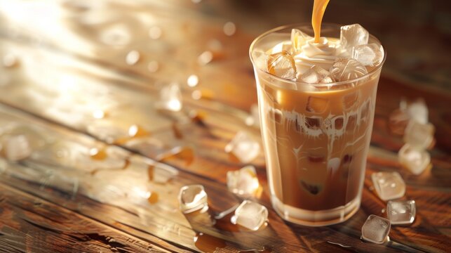 3D illustration of an iced latte with milk poured into a cold cup against a wood grain background