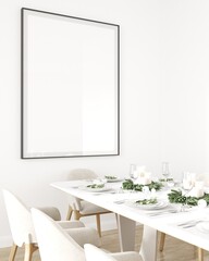 A minimalist decorated dining room with a blank photo frame mockup on the wall, 3D illustration.