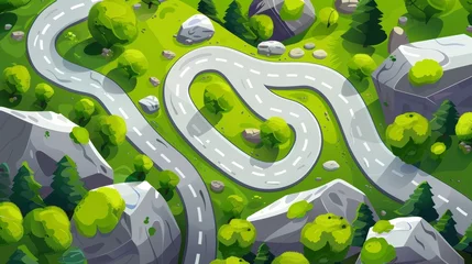 Fotobehang Modern illustration of aerial panoramic view of summer landscape with curve asphalt highway, stones and green grass. Modern cartoon illustration of aerial panoramic view of summer landscape with © Mark