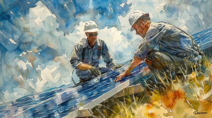 Transport yourself into the realm of watercolor artistry showcasing engineers at work, installing solar panels. - obrazy, fototapety, plakaty
