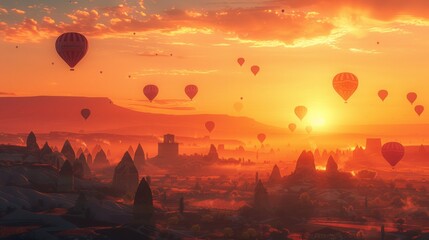 Flying hot air balloons and rocky landscape during sunrise.