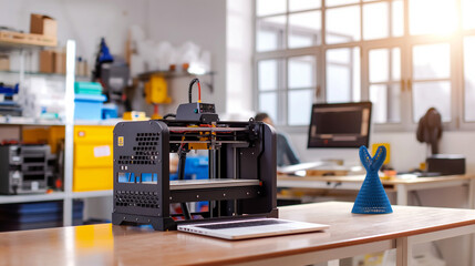 a modern 3d printer with laptop on the table in a manufacturing company, modern industrial technology 