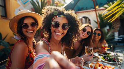 Happy Woman Selfie with Friends on Patio"Joyful Lunch Party"

