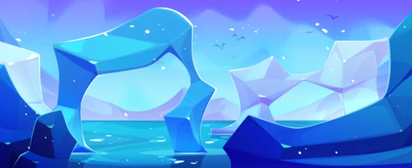 Deurstickers Antarctica landscape with ice floe and mountains, blue sea or ocean water and northern light in sky. Cartoon vector illustration of arctic scenery with iceberg. Polar horizon with snow and glacier. © klyaksun