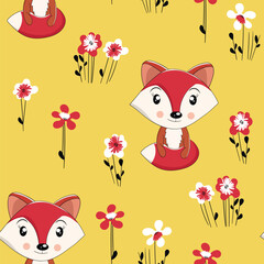 Seamless pattern with cute fox baby on color background. Funny forest animals. Card, postcards for kids. Flat vector illustration for fabric, textile, wallpaper, poster, paper