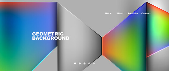 A geometric pattern background featuring rectangles, triangles, circles, and symmetry. It includes a rainbow of colors like electric blue and magenta with various tints and shades