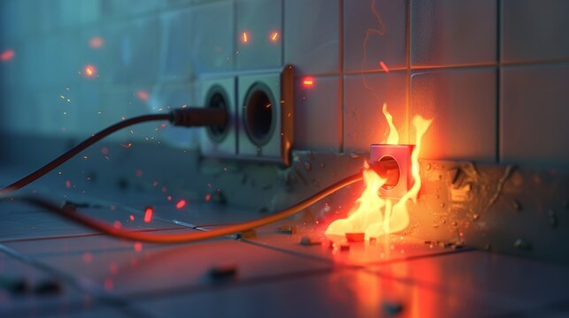 Fire caused by short circuit in a socket with a plug and switch and faulty wiring in the home electrical system. A realistic 3D modern illustration of an electrical short circuit in a socket with a