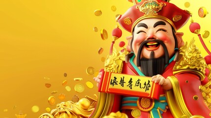 An image of the god of wealth holding a giant gold ingot and scroll, translation in Chinese: Wishing you good wealth and prosperity