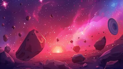 Cartoon red space background with glowing galaxy nebula and flying rocks. New star birth, explode in universe. Fantasy alien world, cosmos view. Modern illustration. - obrazy, fototapety, plakaty