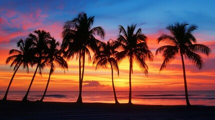 Fototapeta na wymiar Photograph the silhouette of palm trees against the colorful hues of the sunrise sky