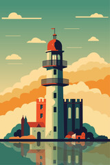 Obraz premium Vintage style lighthouse image. Beacon at sunrise or sunset, vector retro poster, minimalist background