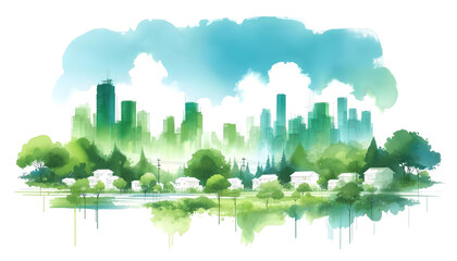 Green city. Green space. Urban Oasis. Blue sky. Minimalist watercolor. Sustainable City Living. 