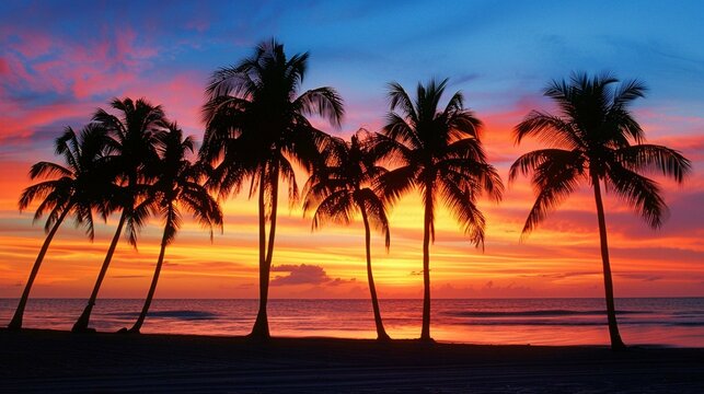 Photograph the silhouette of palm trees against the colorful hues of the sunrise sky