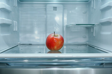 Red apple in open refrigerator