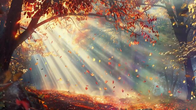 autumn landscape fall scene trees and leaves in sun rays. seamless looping overlay 4k virtual video animation background