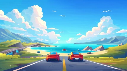 Automobiles on an asphalt highway with seascape landscape with mountains and ocean under blue sky with fluffy clouds at sunny day. Cartoon modern illustration.