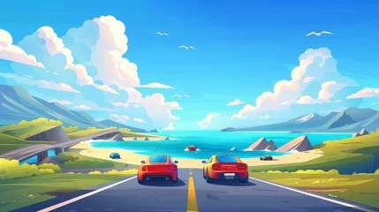 Rollo Automobiles on an asphalt highway with seascape landscape with mountains and ocean under blue sky with fluffy clouds at sunny day. Cartoon modern illustration. © Mark