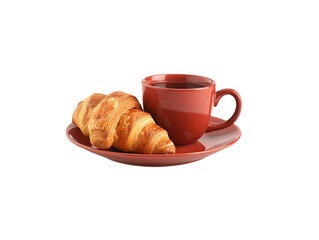 a cup of coffee with croissant on plate isolated on transparent background