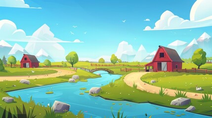 A summer agricultural scene featuring a farm barn, farm fields, and a river. Cartoon illustration of a rural landscape with a red wooden granary, a road, a lake, and grass.
