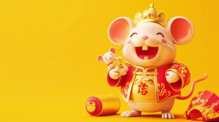 Fortune, auspicious rat year, welcome the caishen, a laughing god of wealth holds a gold ingot on a yellow background with Chinese text translation: Fortune, auspicious rat year, welcome the caishen