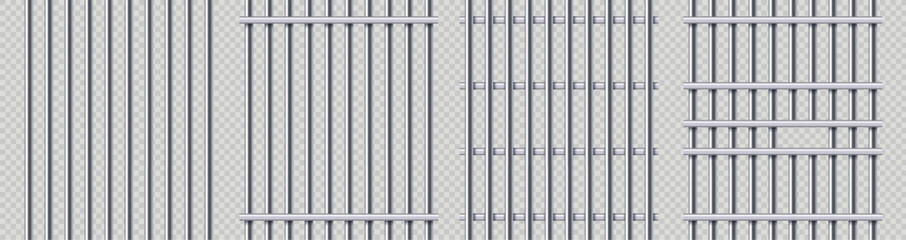 Prison bars. Metal jail security grid, detention steel barrier and protection door vector illustration set