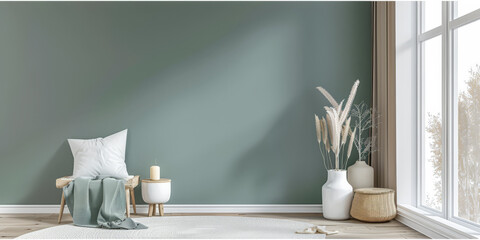 Serene interiors with a minimalist design and natural window light. Interior design composition in light green color
