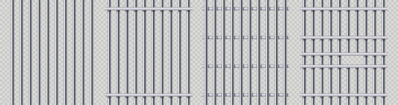 Prison bars. Metal jail security grid, detention steel barrier and protection door vector illustration set