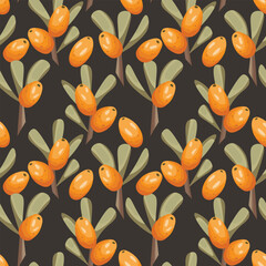 Seamless pattern with sea buckthorn. Natural fresh ripe tasty berries. Vector illustration for background, packaging, textile, fabric and various other designs