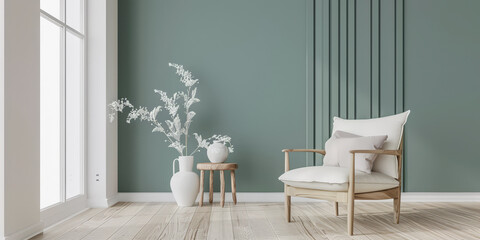 Serene interiors with a minimalist design and natural window light. Interior design composition in light green color