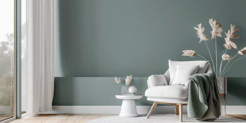 Serene interiors with a minimalist design and natural window light. Interior design composition in light green color